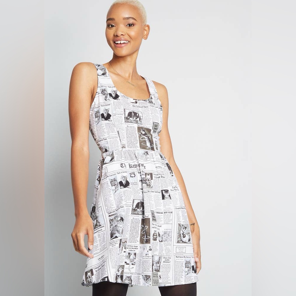Retrolicious Monochrome Newspaper Print Mini Dress